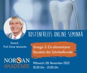 Im Rahmen eines kostenfreien Webinars der NORSAN Akademie spricht Prof. Dr. Elmar Wienecke über die Bedeutung von Omega-3 in der Zahnheilkunde.